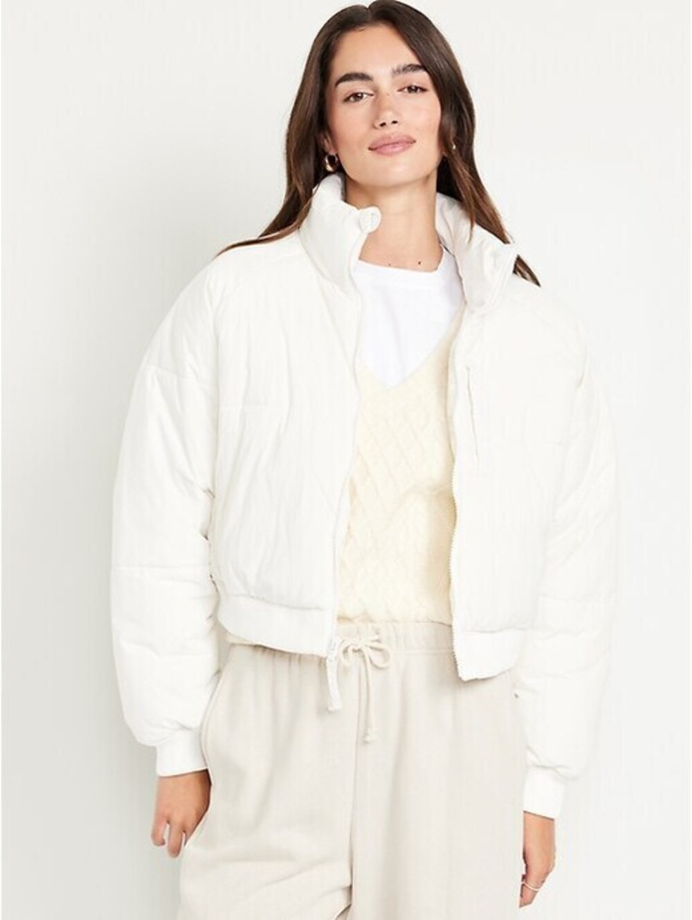 Old Navy Active Cropped Puffer Jacket Womens XL White Full Zip Stand Collar Warm